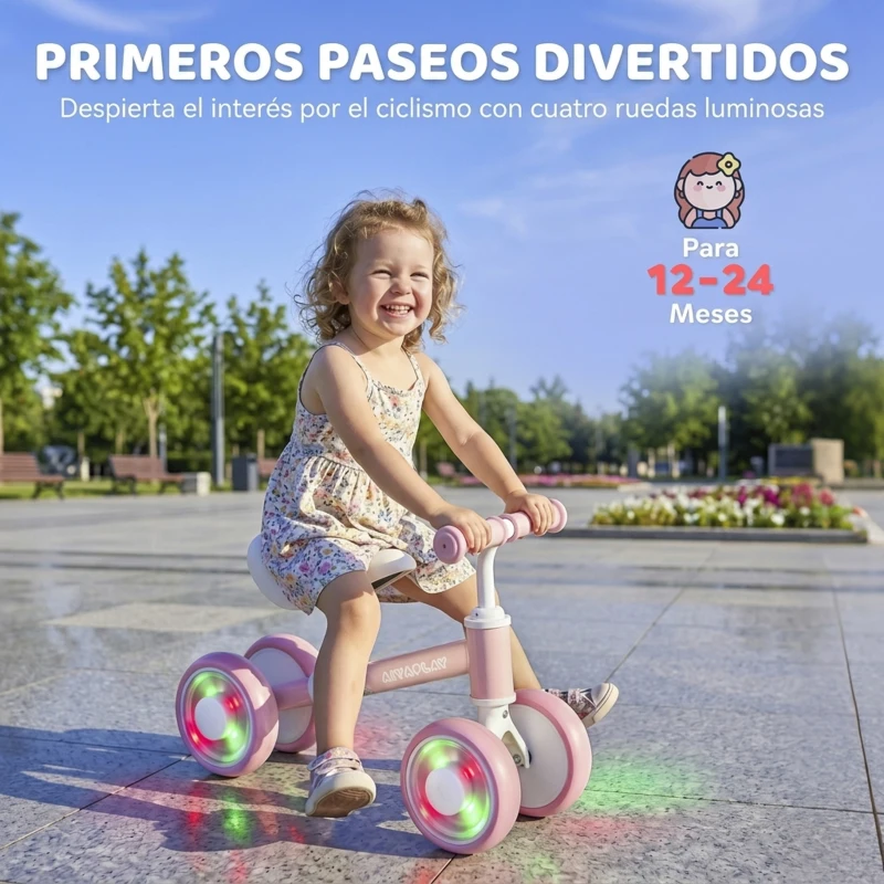AIYAPLAY Bicicleta sin Pedales Limitado a 135° Asiento Ajustable 4 Ruedas EVA con Luces para Niños y Niñas de 1 a 2 Años Rosa