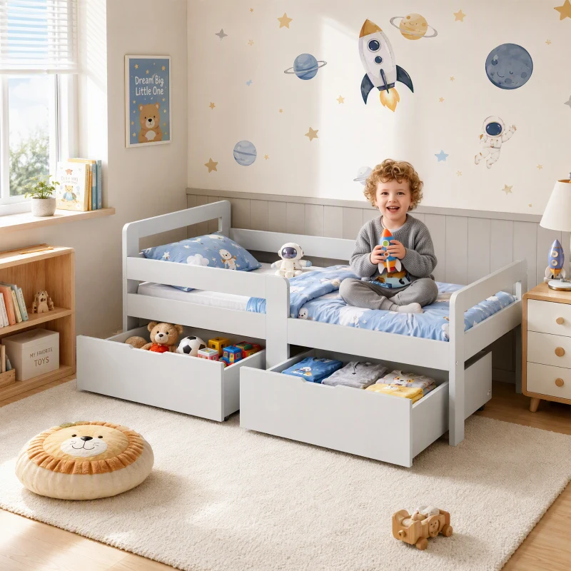 AIYAPLAY Wooden Kids Bed Frame with 2 Storage Drawers and Guard Rails for Ages 4-14, 144 x 76 x 57 cm (No Mattress), Grey