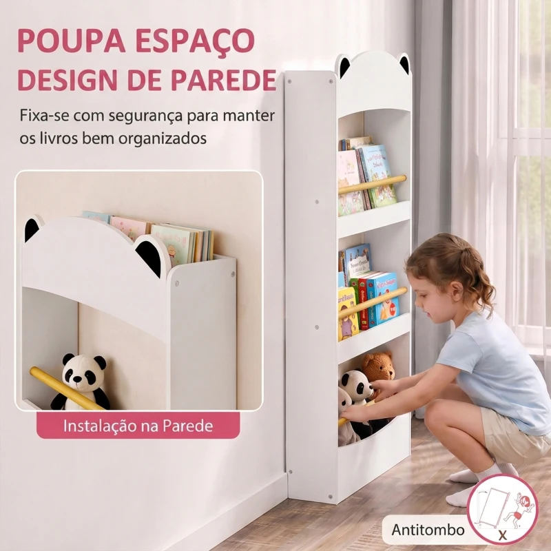 AIYAPLAY Estante Infantil para Livros de 4 Níveis, Montagem na Parede, para Quarto, Cantinho de Leitura e Sala de Brincar, Branco