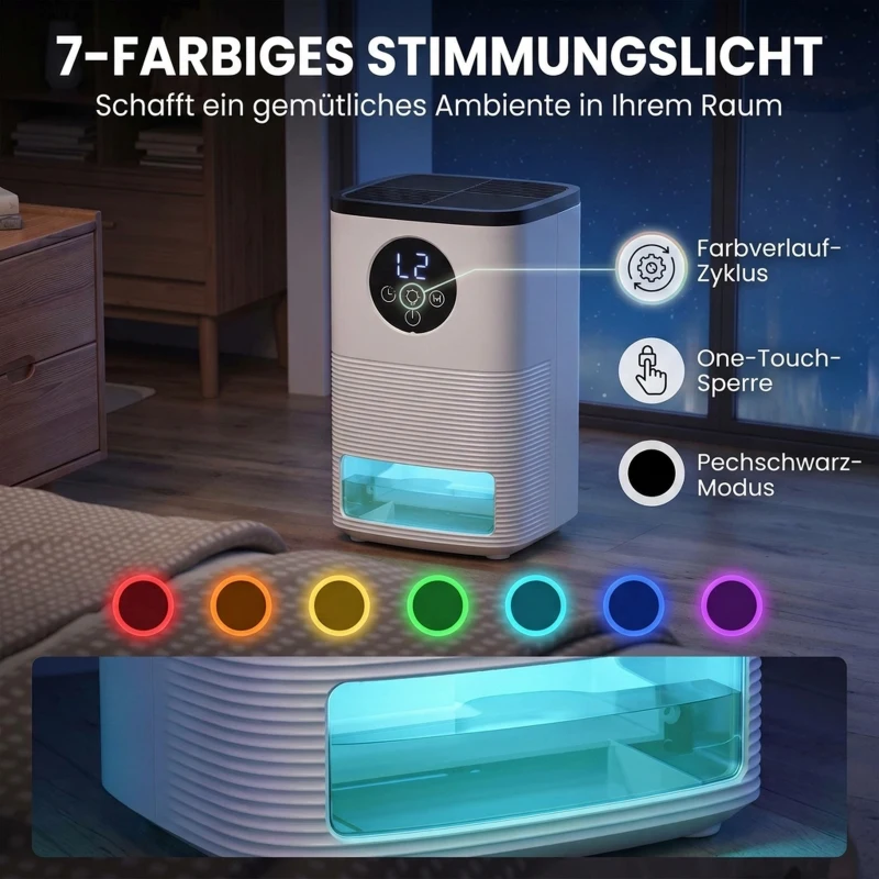 HOMCOM Elektrischer Luftentfeuchter Klein RGB-Licht Leiser Raumentfeuchter 1,4 L Weiß