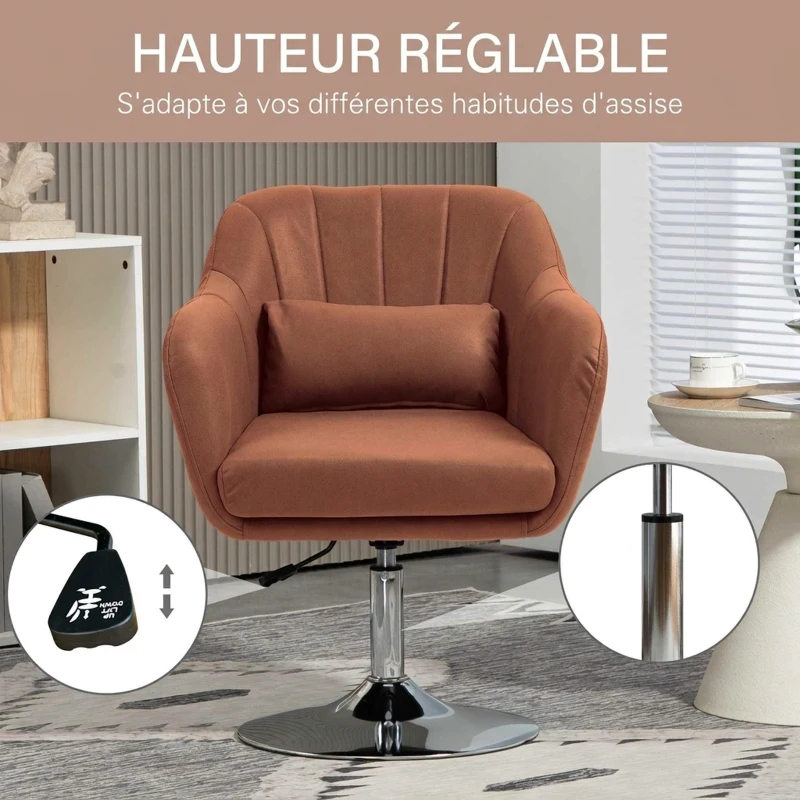 HOMCOM Fauteuil de salon coussins lombaires hauteur réglable pivotant 360° piètement en métal marron