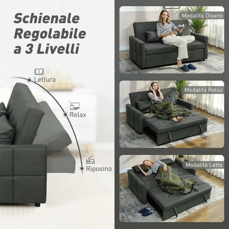 HOMCOM Divano 2 Posti Convertibile in Divano Letto Clic Clac con 2 Cuscini in Tessuto, Grigio Scuro