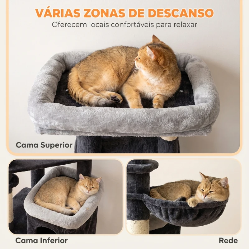 PawHut Árvore Arranhadora para Gatos 148 cm com Casota de 2 Níveis Camas Rede Postes em Sisal e Bolas Suspensas