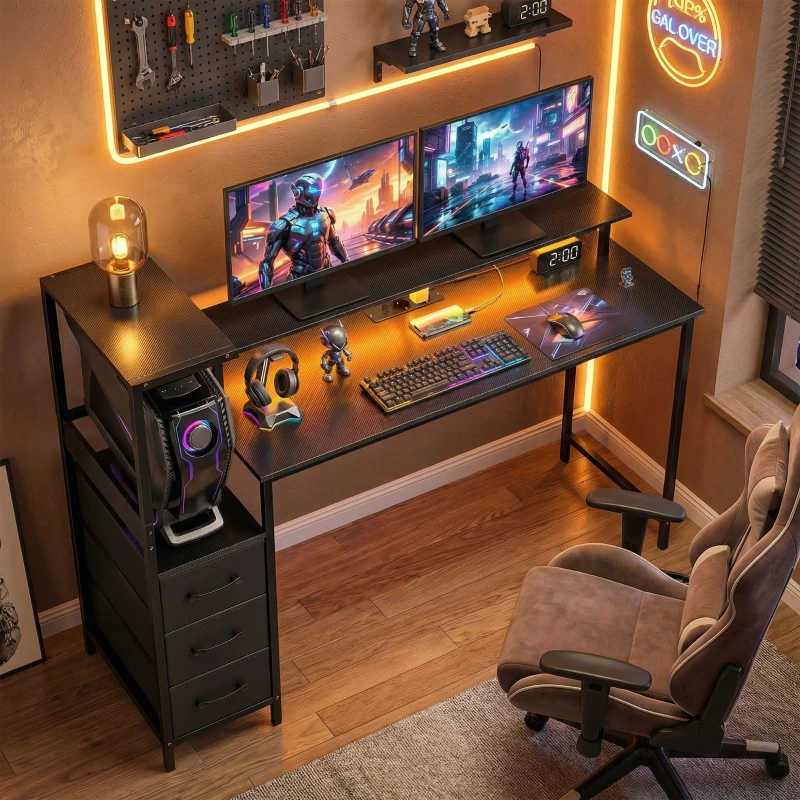 HOMCOM Bureau Gaming 147 x 47 cm, Éclairage RGB, Prises et Ports USB, Support pour Unité Centrale Réglable et Réversible, Noir