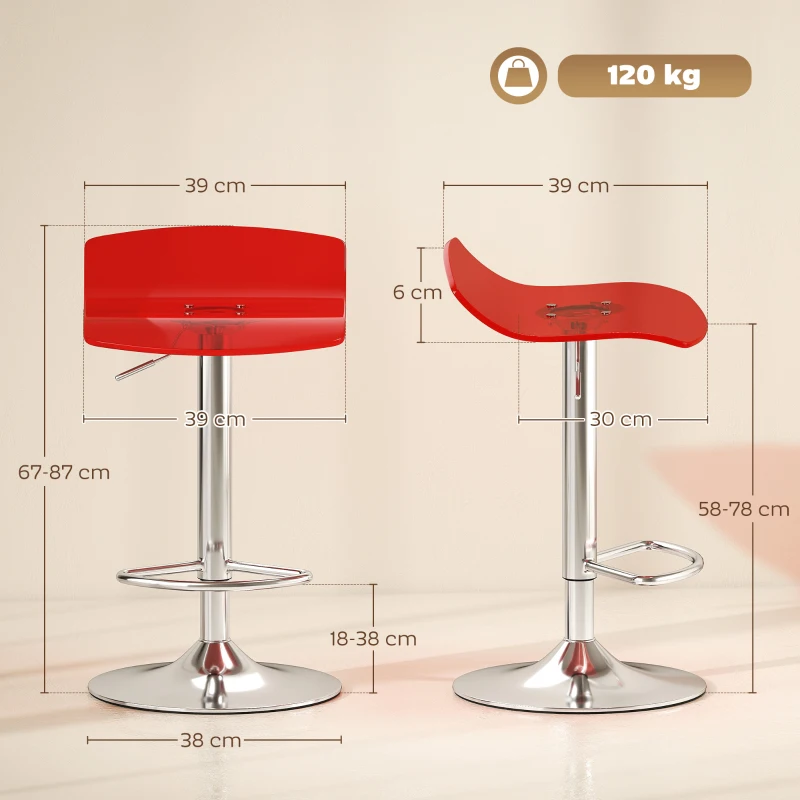 HOMCOM 2er-Set Barhocker zeitgenössisches Design 360° drehbar höhenverstellbar mit Fußstütze 39x39x67-87cm rot