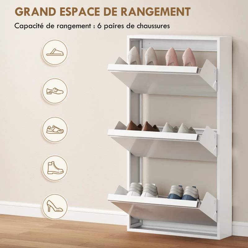 HOMCOM Meuble à Chaussures en Métal 6 Paires, Armoire à Chaussures Étroite avec 3 Tiroirs Rabattables, 55x15x105,5cm, Blanc