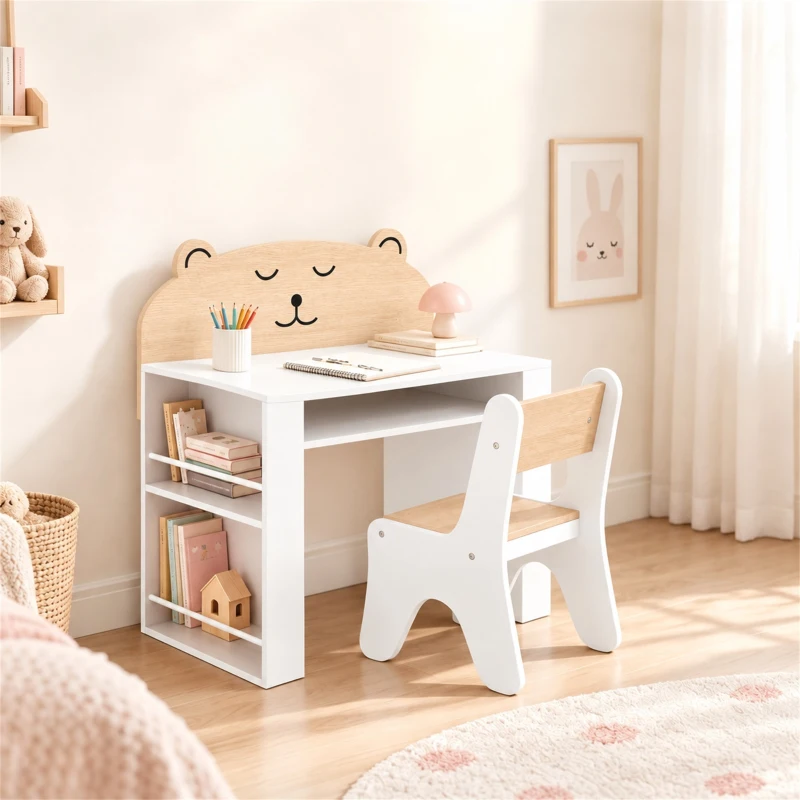 AIYAPLAY Mesa e Cadeira Infantil para Ler e Desenhar, com Estante e Gaveta, Branco e Madeira