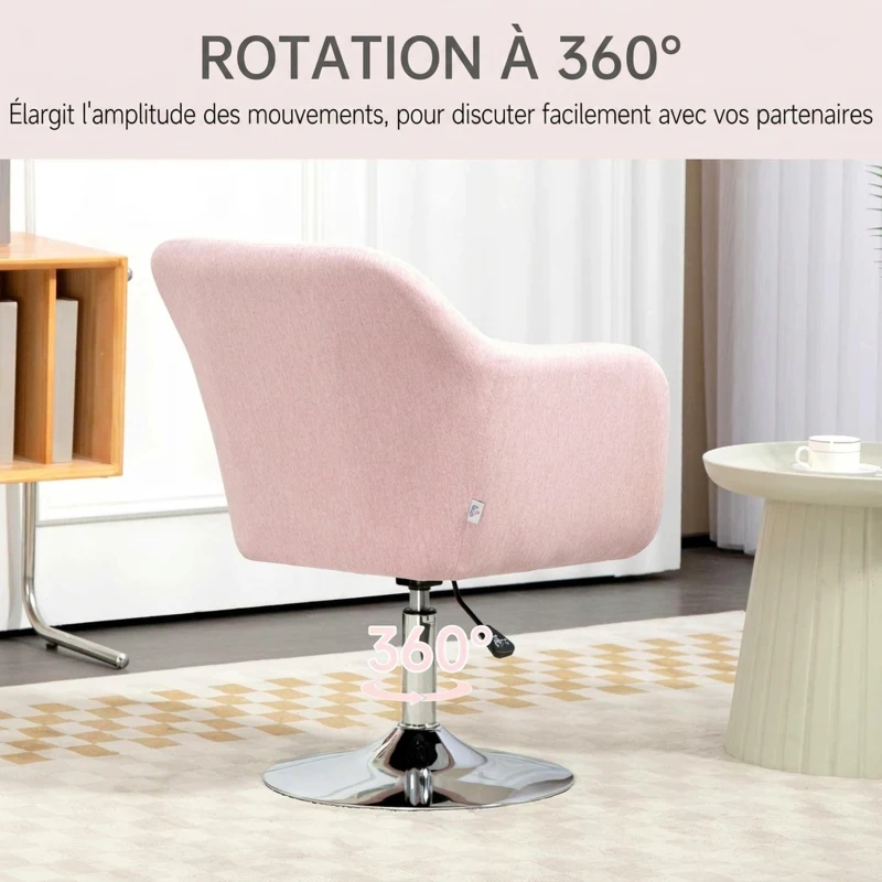 HOMCOM Fauteuil de salon coussins lombaires hauteur réglable pivotant 360° piètement en métal rose
