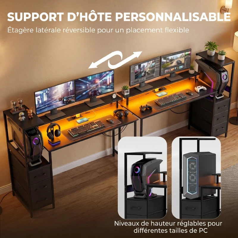 HOMCOM Bureau Gaming 147 x 47 cm, Éclairage RGB, Prises et Ports USB, Support pour Unité Centrale Réglable et Réversible, Noir
