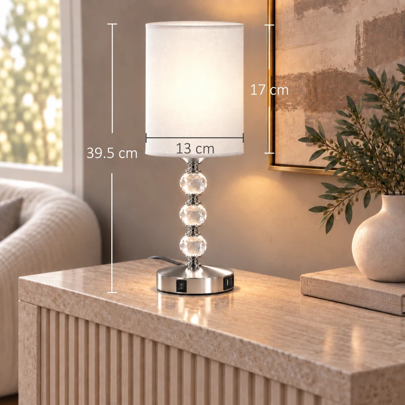 HOMCOM Bedside Lamp, Modern Crystal Decoration Table Lamp w/ PVC shade, USB A+C Charging Ports, Bulb Not Included, Silver Tone