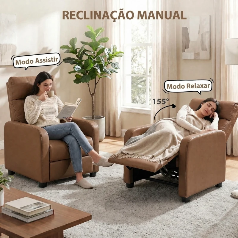 HOMCOM Poltrona Relax Reclinável Manual em Pele Sintética com Apoio para os Pés Castanho Escuro