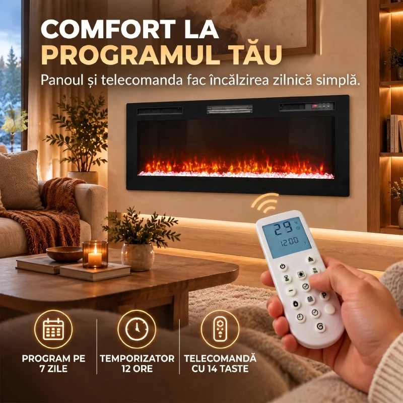 HOMCOM Șemineu Electric 127 cm, Încastrat/Perete/Podea, Ultrasubțire 8,3 cm, cu Telecomandă, 900/1800W, Timer, Negru