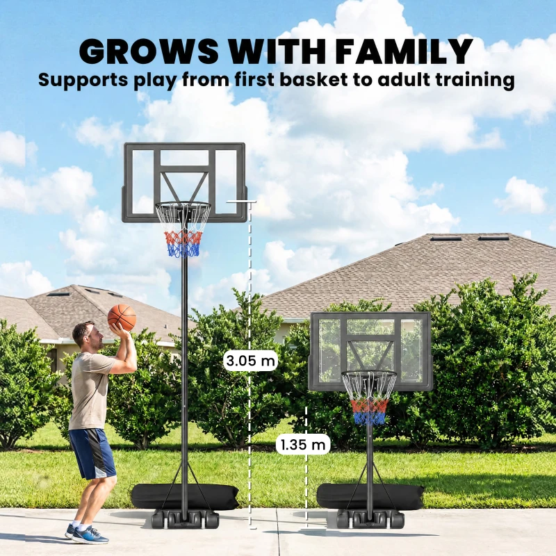 SPORTNOW Panier de Basket Extérieur Portable, Hauteur Réglable 1,35-3,05 m avec Manivelle, Base Stable, Panneau Incassable, Noir