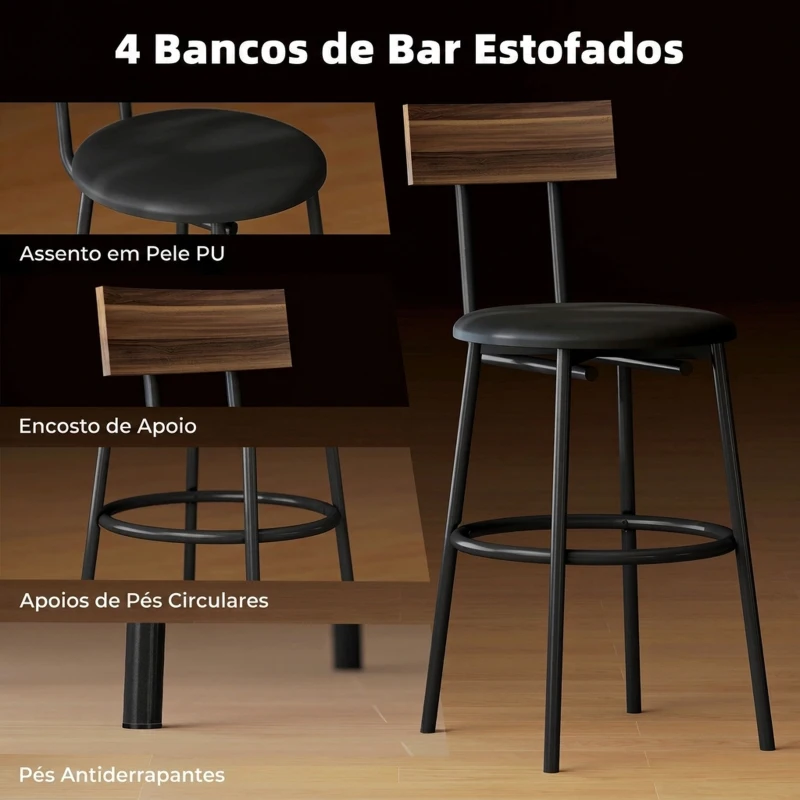 HOMCOM Conjunto de Mesa Alta de Bar com 4 Bancos, Assentos em PU com Encosto e Apoio para os Pés, Castanho