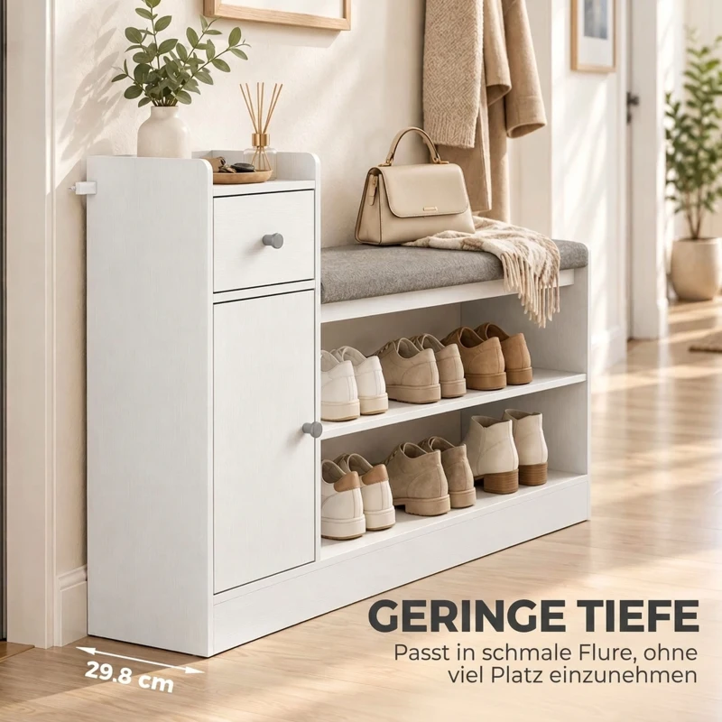 HOMCOM Schoenenbank met zitkussen, lade en open vakken, halbank, 90 x 29,8 x 67,8 cm, wit