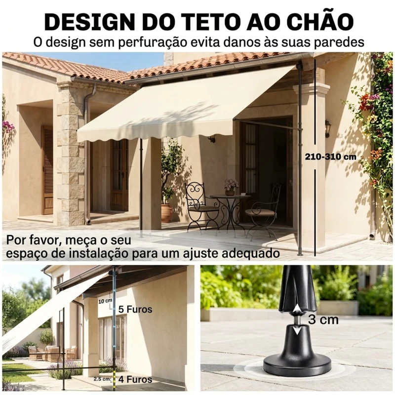 Outsunny Toldo Manual Retrátil Ajustável 200x170x200-290 cm com Manivela Proteção Solar UV40+ para Varanda Jardim Creme