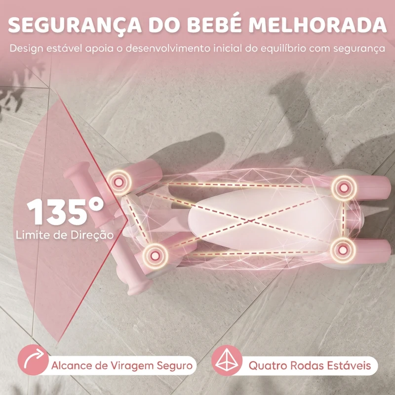 AIYAPLAY Bicicleta sem Pedais com Limite de Direção de 135°, Assento Ajustável, 4 Rodas EVA com Luzes, para Crianças de 1 a 2 Anos, Cor-de-Rosa