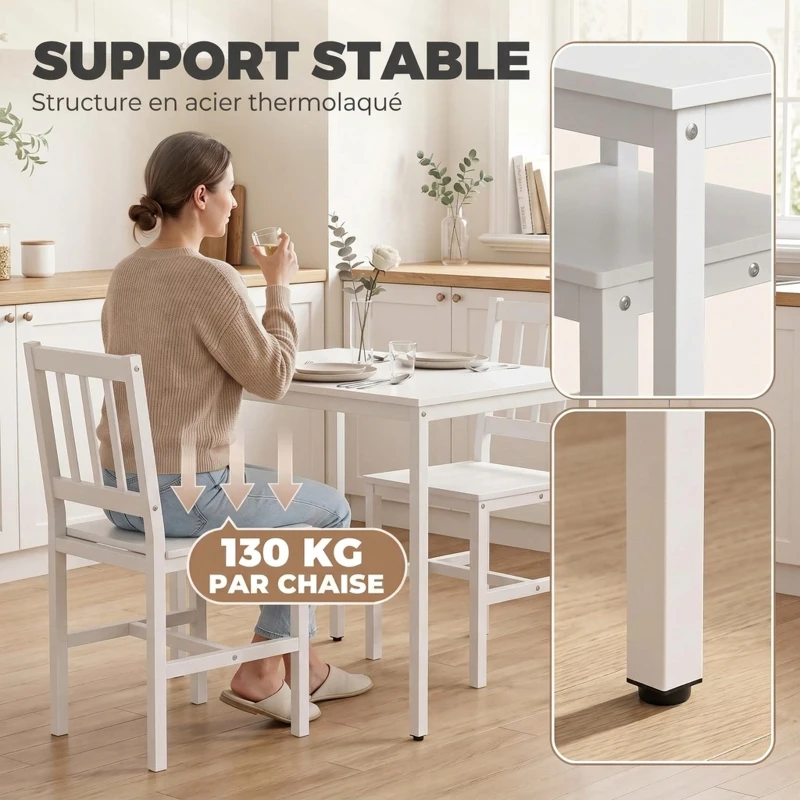 HOMCOM Ensemble Table Salle à Manger avec 2 Chaises, Table de Cuisine Rectangulaire 80 cm, Chaises à Dossier à Lattes, Blanc