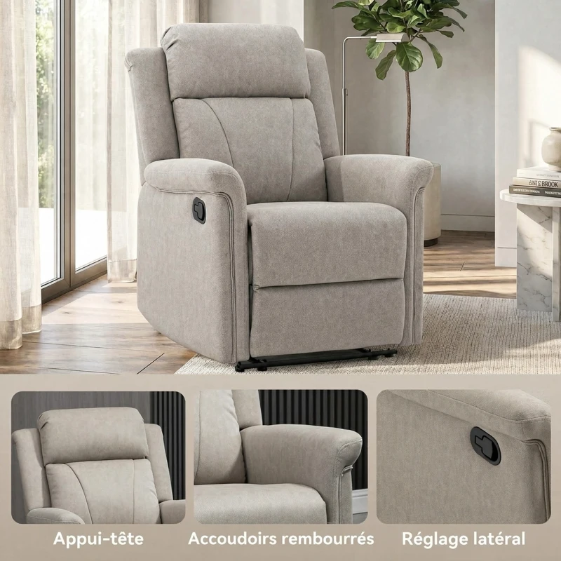 HOMCOM Fauteuil de relaxation inclinable 135° manuellement tissu en microfibre avec repose-pied gris(m-5)