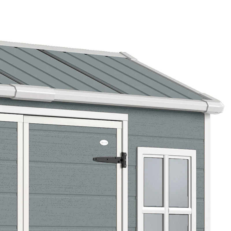 Outsunny 8 x 4 ft Plastic Garden Shed, Wood-Effect Outdoor Storage Shed with Floor, Windows, Lockable Doors and Vents, Light Grey