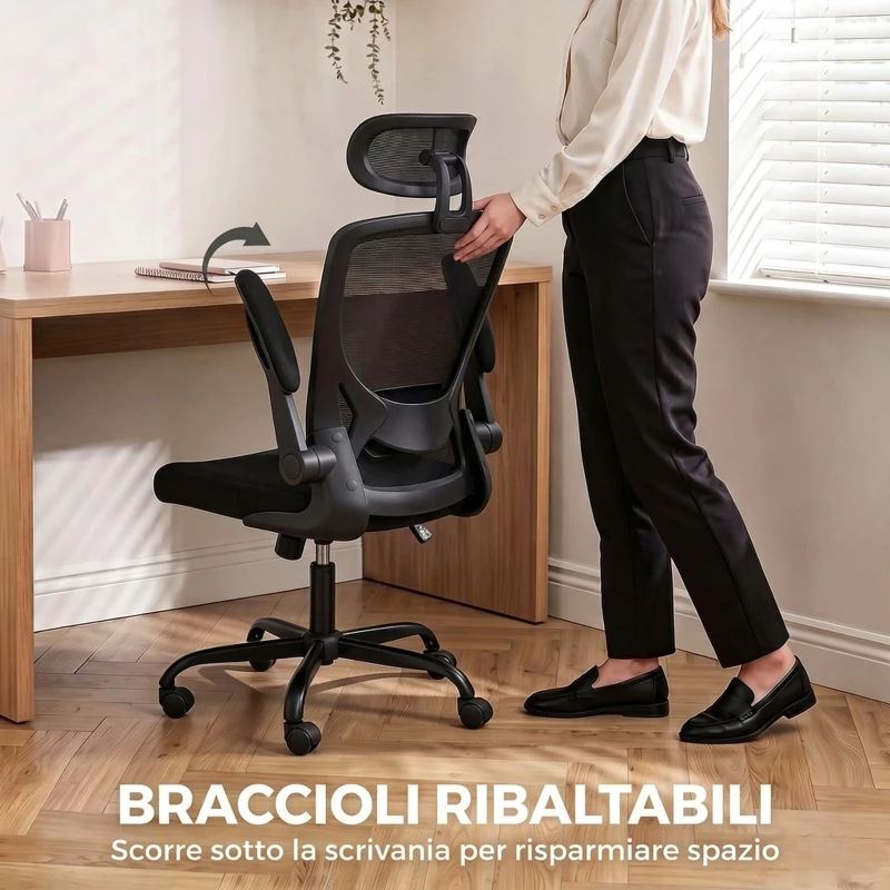HOMCOM Sedia da Ufficio Ergonomica in Rete con Supporto Lombare, Poggiatesta e Altezza Regolabile, Dondolo, Nera