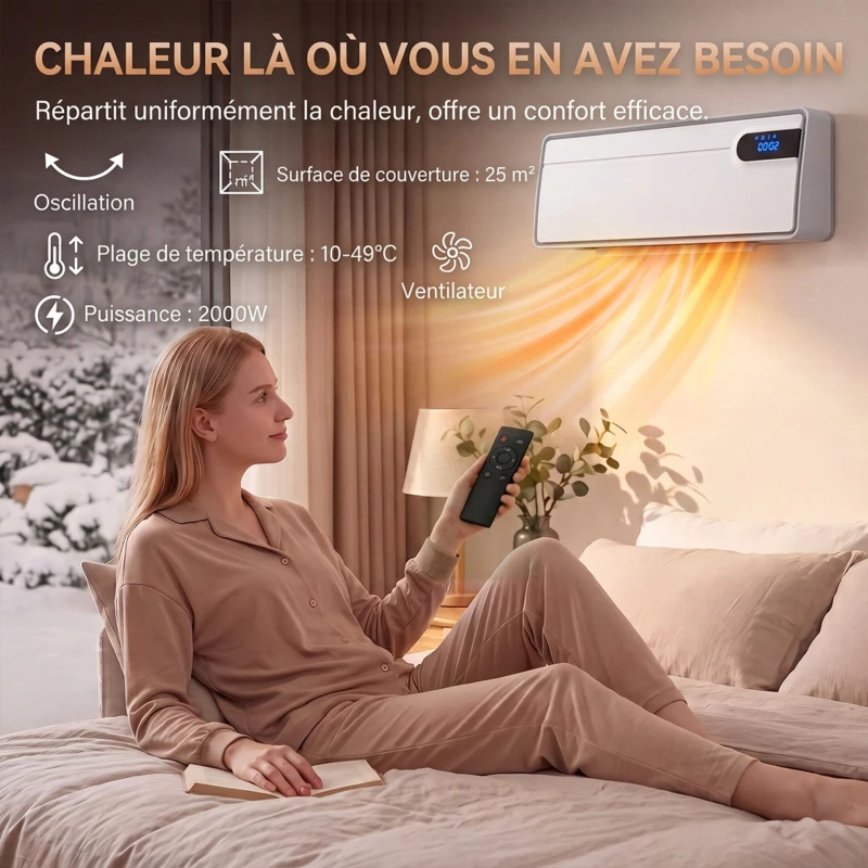 HOMCOM Chauffage Mural en Céramique Intelligent 2000 W, Wi-Fi, Compatible Alexa et Google Home, Oscillation, Blanc
