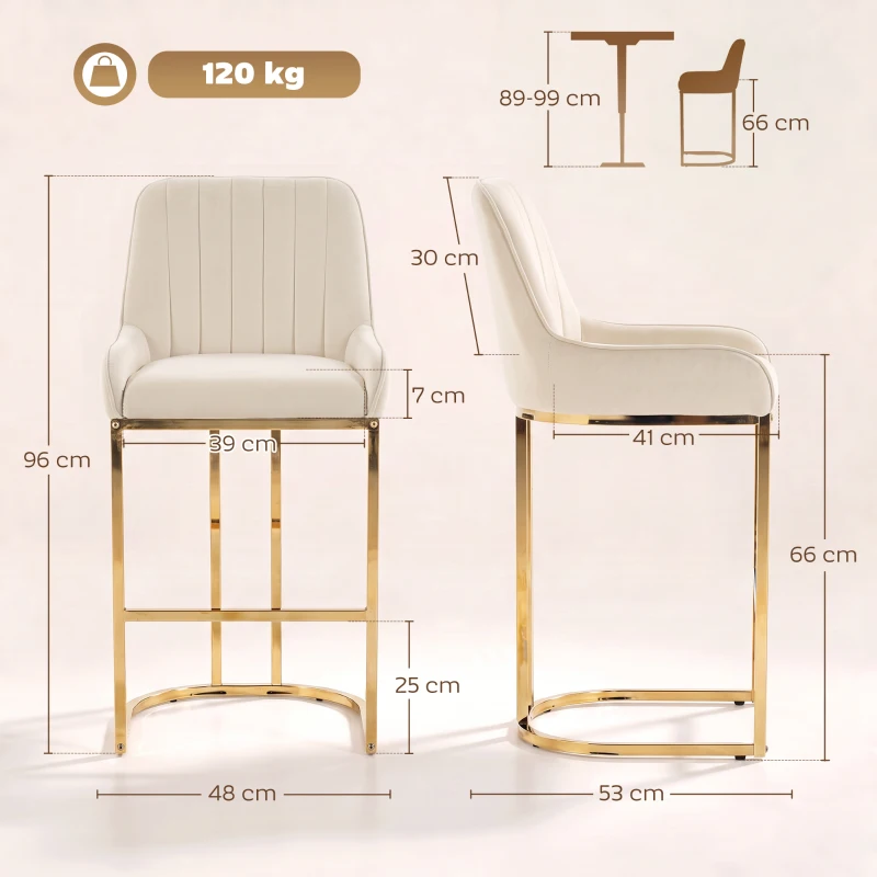 HOMCOM Bar Stools Set of 2 with Backrest, Footrest, Gold Electroplated Legs for Kitchen Island, Dining Room, Cream White