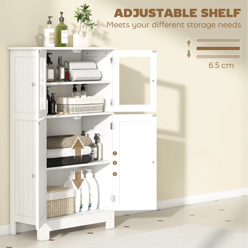 kleankin  Free Standing Bathroom Storage Cabinet, Floor Cupboard with Tempered Glass Doors and Adjustable Shelf, Living room Organizer, White