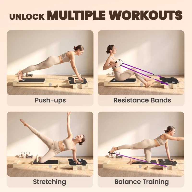 SPORTNOW Foldable Pilates Reformer Machine, Multifunctional Pilates Board and Multi-Grips for Home Gym, Natural Wood
