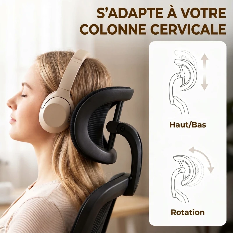 HOMCOM Chaise Bureau Ergonomique, Fauteuil de Bureau en Maille avec Soutien Lombaire et Appui-Tête Réglables, 64x65x129cm, Noir