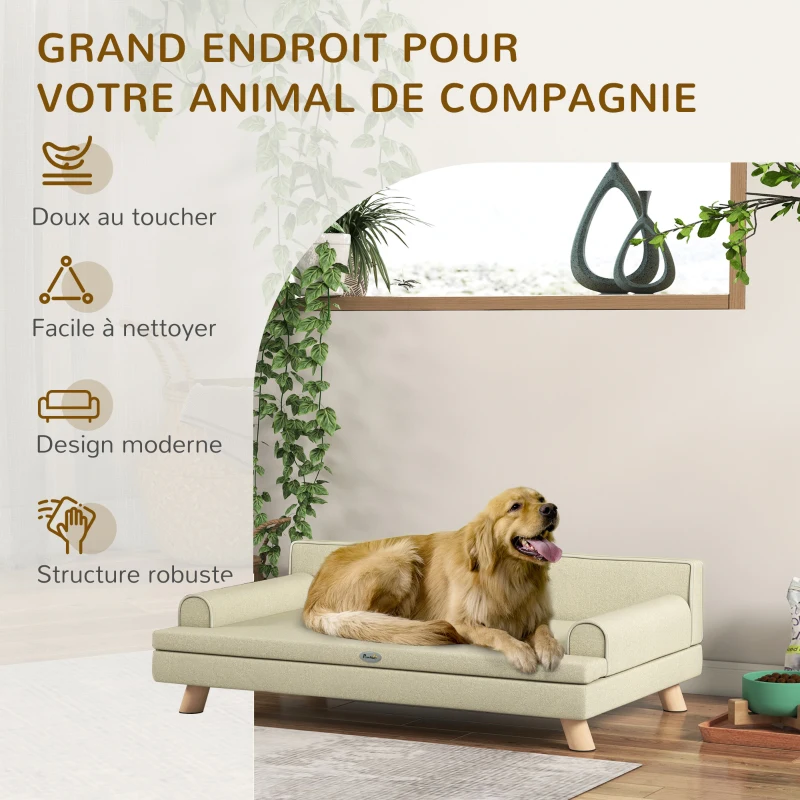 PawHut Canapé pour chien chat design scandinave coussin moelleux amovible pieds bois massif 100 x 62 x 32 cm beige
