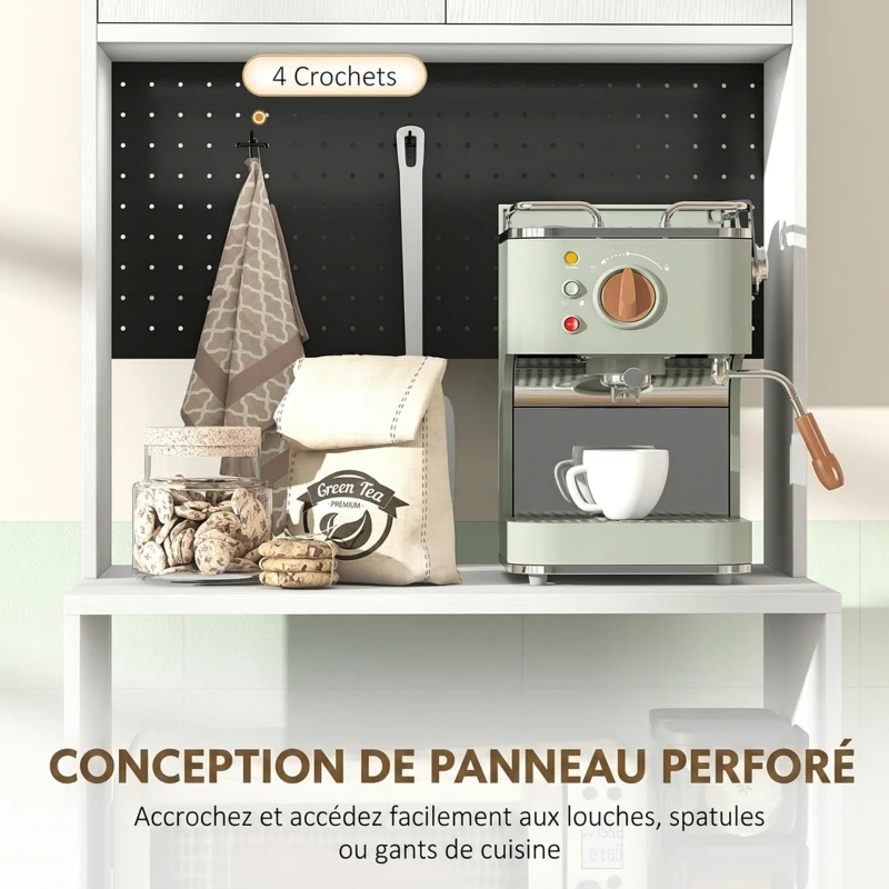 HOMCOM Meuble micro-ondes, buffet, 2 tiroirs, 2 portes, plan de travail, étagère réglable, panneau perforé, 4 crochets, blanc