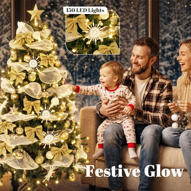 HOMCOM 5ft Pre-Lit Christmas Tree with 150 LED Lights, Artificial Xmas Tree with 8 Lighting Modes, 450 Tips, Remote, Green