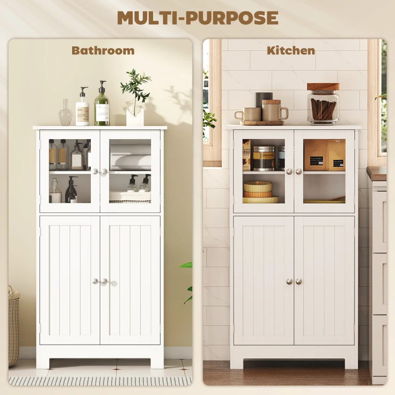 kleankin  Free Standing Bathroom Storage Cabinet, Floor Cupboard with Tempered Glass Doors and Adjustable Shelf, Living room Organizer, White