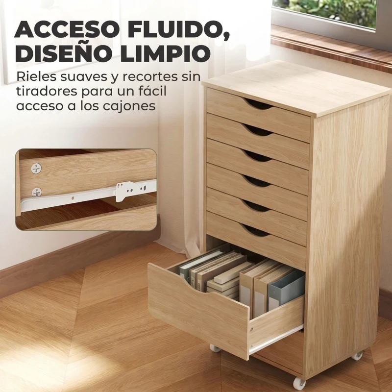HOMCOM Cajonera Escritorio con 8 Cajones Ruedas Cajonera de Oficina Soporte para Impresora Roble