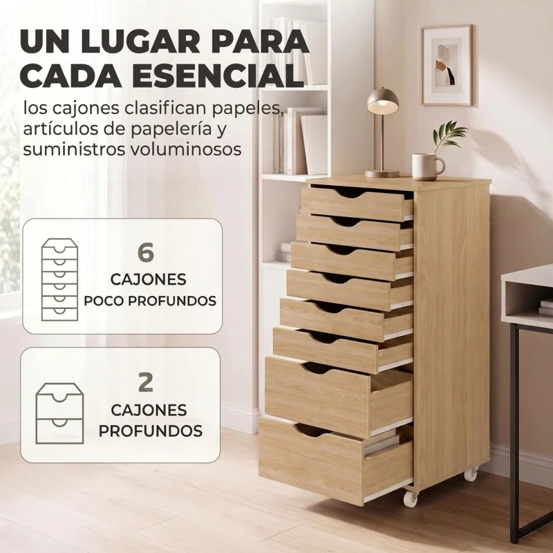 HOMCOM Cajonera Escritorio con 8 Cajones Ruedas Cajonera de Oficina Soporte para Impresora Roble