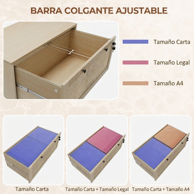 Vinsetto Armario Archivador de 2 Cajones de Ratán Bohemio con Cerraduras Barras para Carpetas, A4 y Legal 75x40x71,5 cm Roble