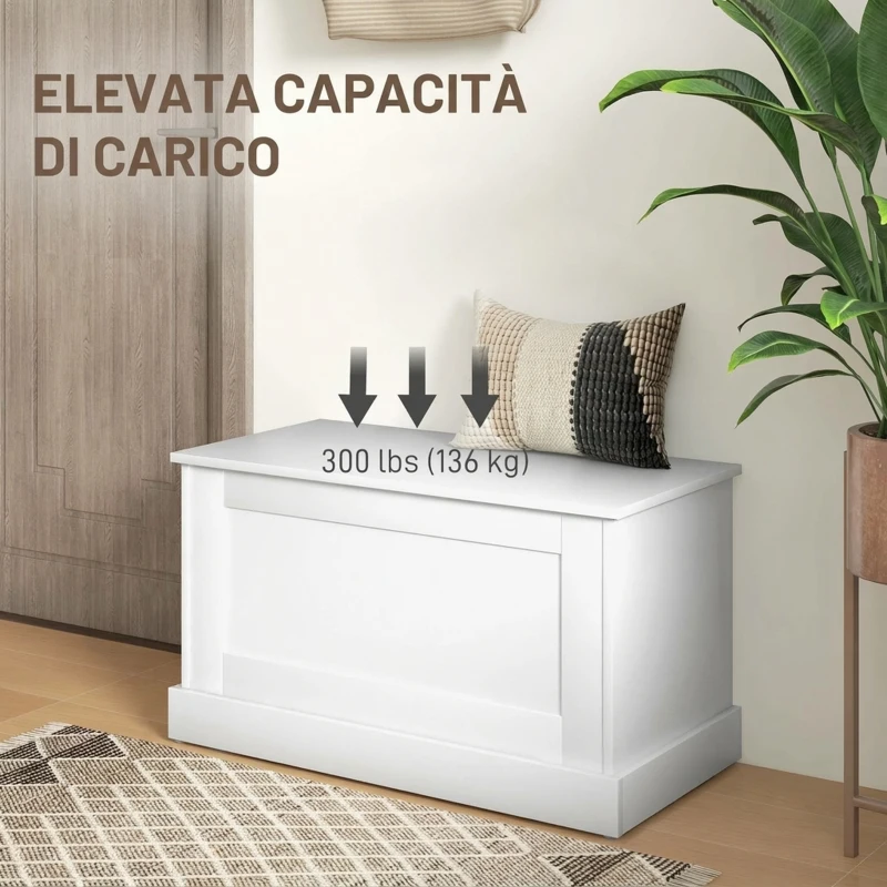 HOMCOM Cassapanca Contenitore da Interno 96L con Cerniere di Sicurezza, Baule Contenitore per Soggiorno e Ingresso, 80x40x45 cm, Bianco Effetto Legno