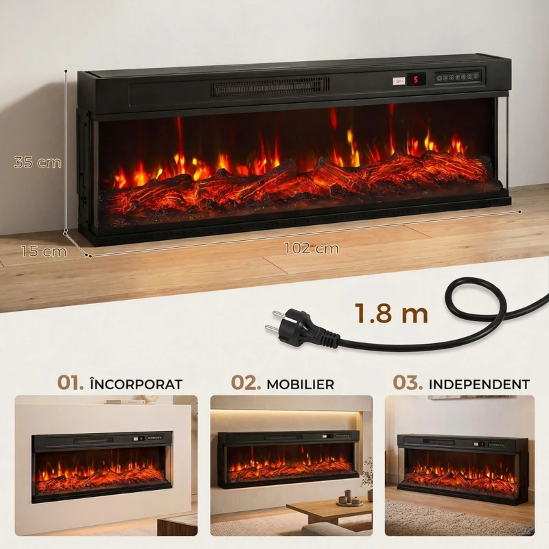 HOMCOM Șemineu electric de podea/încastrabil, 3 laturi, cu telecomandă, 750/1500W, efect flacără 3D, 12 culori, 5 niveluri de luminozitate