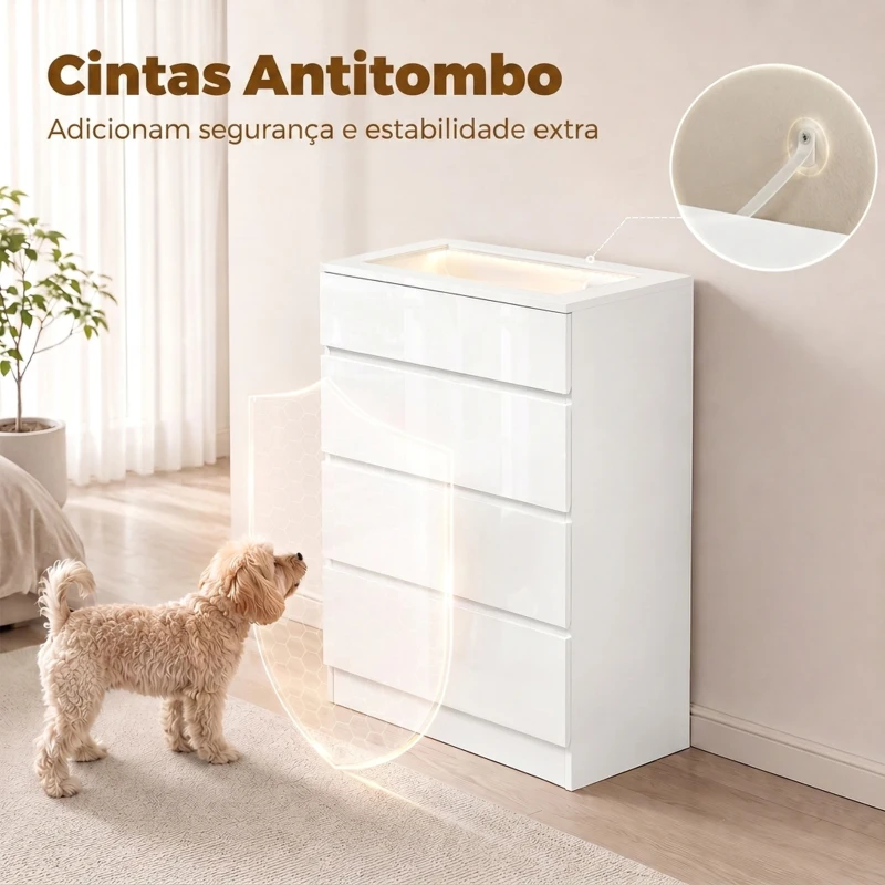 HOMCOM Cómoda de Alto Brilho com 4 Gavetas, Tampo em Vidro Temperado, LED RGB, Organizador de Joias e Controlo por App