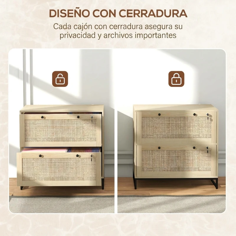 Vinsetto Armario Archivador de 2 Cajones de Ratán Bohemio con Cerraduras Barras para Carpetas, A4 y Legal 75x40x71,5 cm Roble
