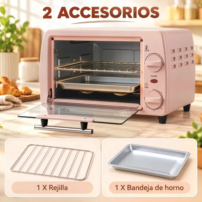 HOMCOM Horno Eléctrico Sobremesa 10L  750W Horno Eléctrico Pequeño Temperatura 230 ℃ y Temporizador 36,5x26x22 cm Rosa