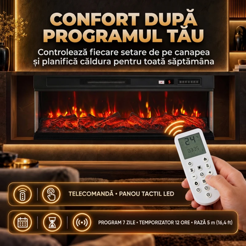 HOMCOM Șemineu electric de podea/încastrabil, 3 laturi, cu telecomandă, 750/1500W, efect flacără 3D, 12 culori, 5 niveluri de luminozitate