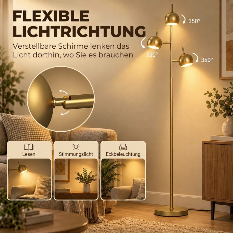 HOMCOM Stehlampe 350° verstellbar für Wohnzimmer und Büro Stehleuchte mit 3 Schirmen aus Stahl Gold