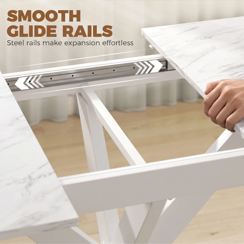 HOMCOM Extendable Dining Table Steel Cross Legs Steel Rails Space Saving White