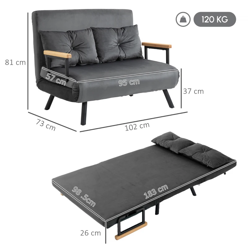 HOMCOM Canapea extensibilă 3 în 1 din material cu efect de catifea cu spătar reglabil și 2 perne, 102x73x81 cm, gri închis(m-3)