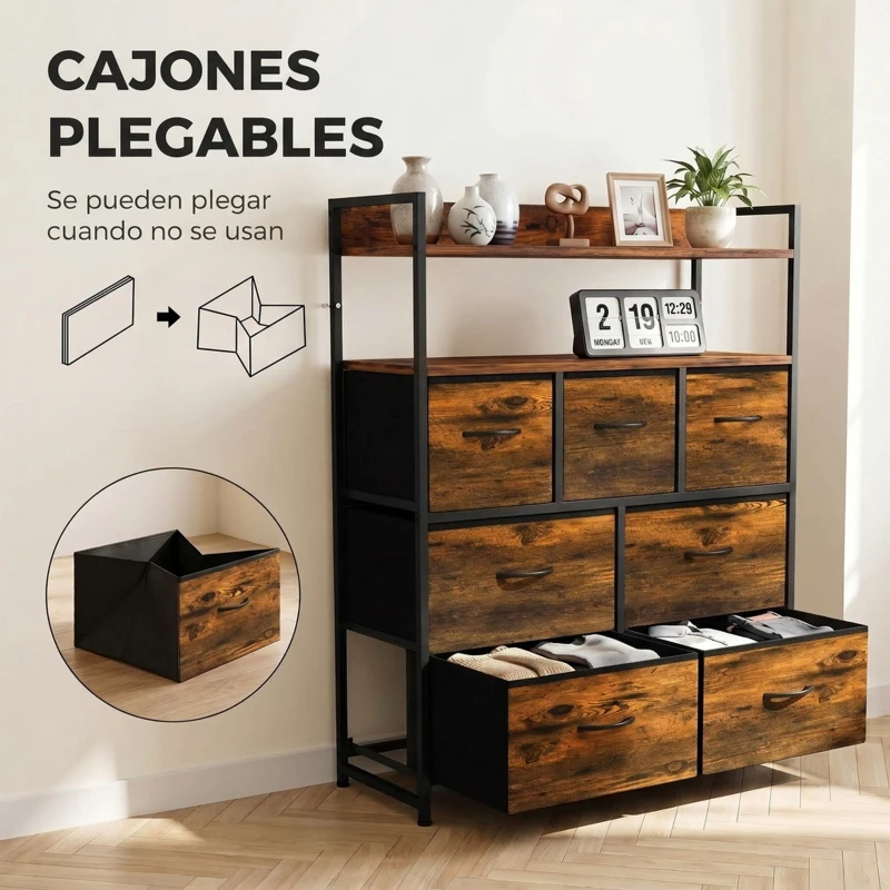 HOMCOM Cómoda de Tela con 7 Cajones y 2 Estantes de Estilo Industrial con Marco de Acero 79x29x101 cm Marrón Rustico