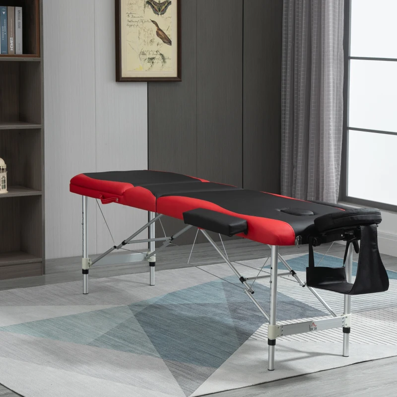HOMCOM Camilla Masaje Plegable Camilla Estética Profesional de Aluminio de 3 Zonas con Respaldo Altura Ajustable 9 Niveles Reposacabezas Extraíble Reposabrazos Bolsa para Spa 210x81 cm Negro y Rojo
