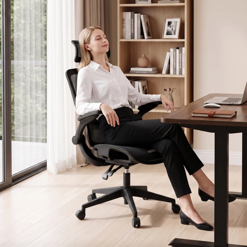 HOMCOM Ergonomic Office Chair with Adaptive Lumbar Support, Reclining Mesh Desk Chair with 2D Headrest, Flip-Up Arms, Black