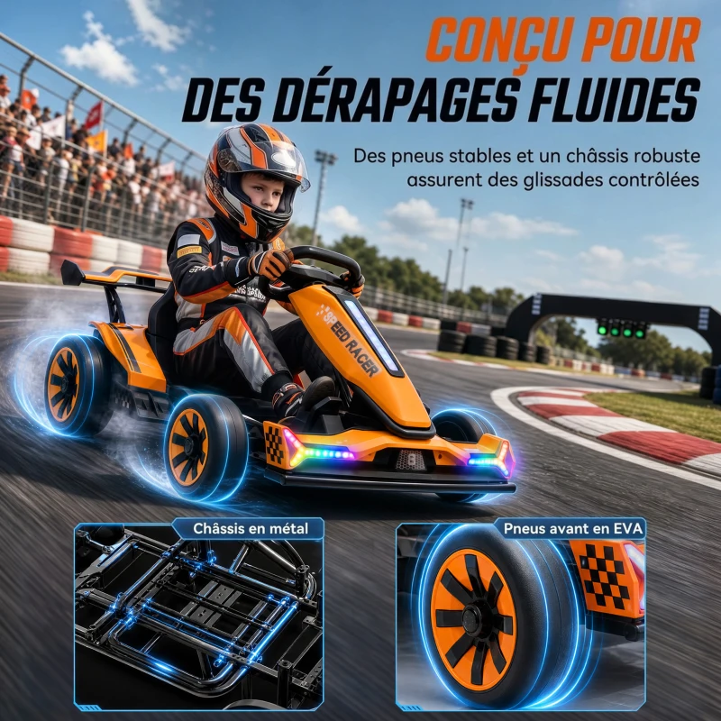 AIYAPLAY Kart Électrique pour Enfants 12 V, Go Kart, 2 Moteurs, Siège Réglable, Batterie au Lithium, Démarrage Progressif, Orange